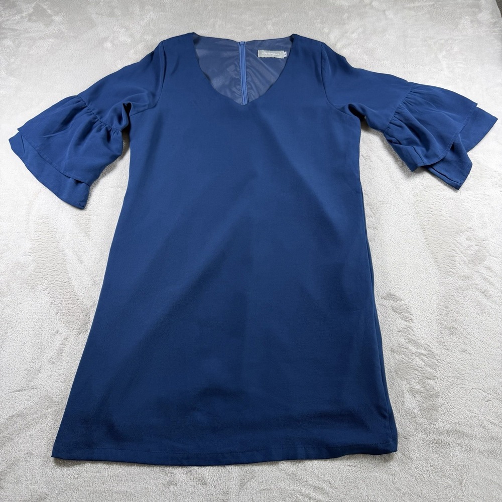 Belongsci Women's 2 Blue Bell Sleeve Shift Dress V-Neck Ruffle Midi Party Cockta